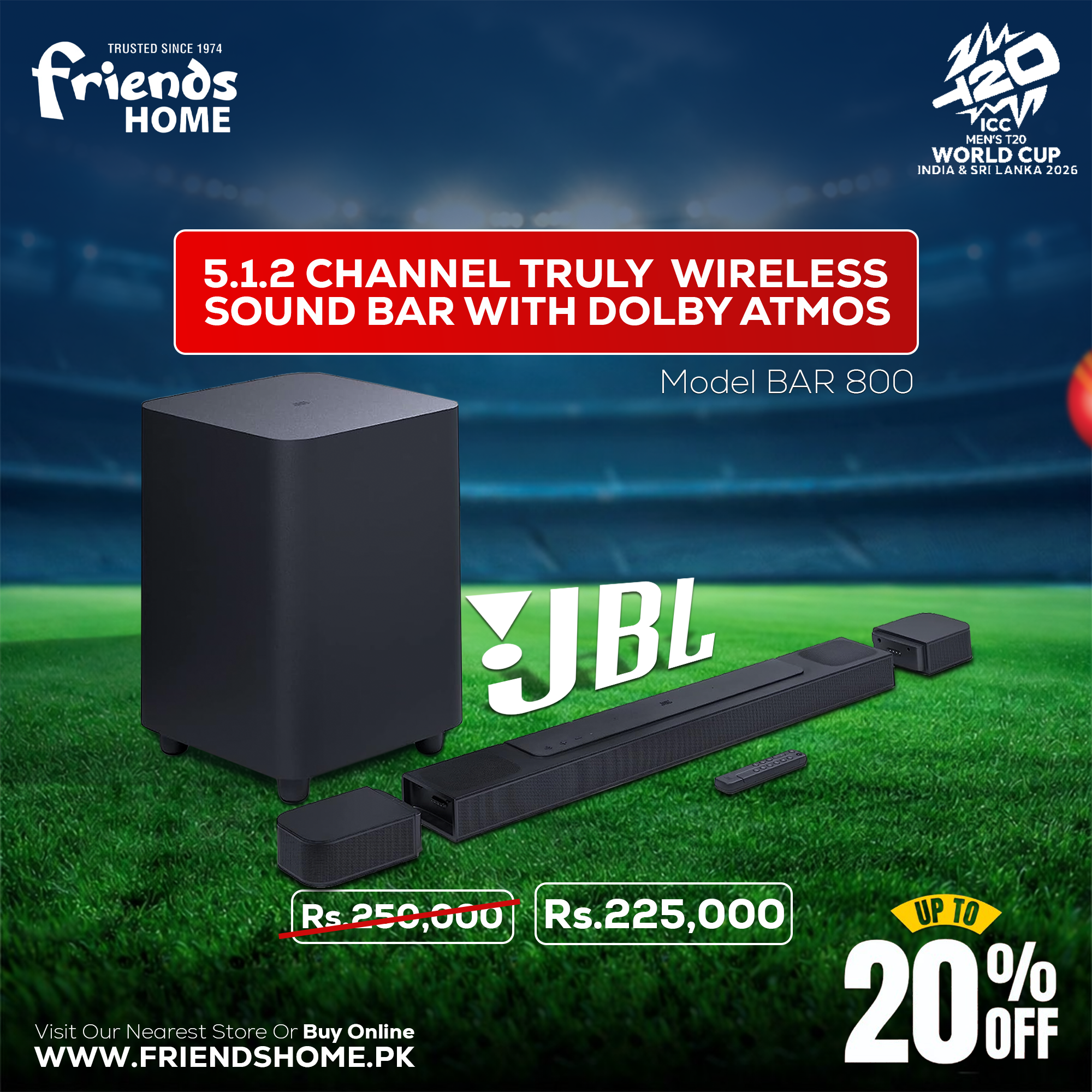 JBL 5.1.2 CHANNEL TRULY WIRELESS SOUND BAR WITH DOLBY ATMOS Model BAR 800