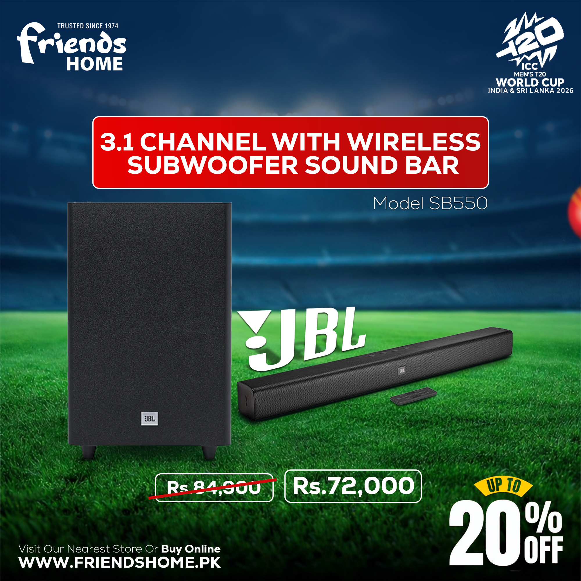 JBL 3.1 CHANNEL WITH WIRELESS SUBWOOFER SOUND BAR Model SB550