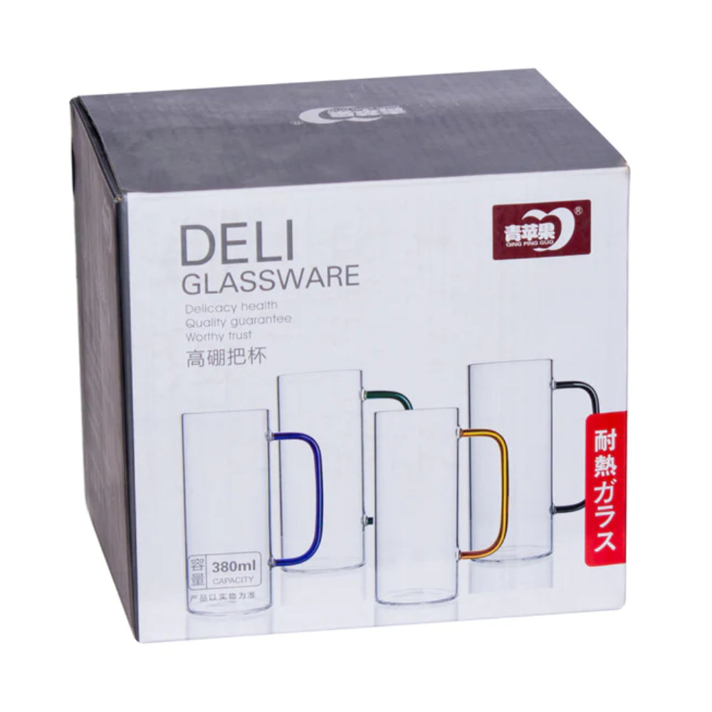 DELI GLASSWARE MUG 380 ML PACK OF 4 COLOURFUL