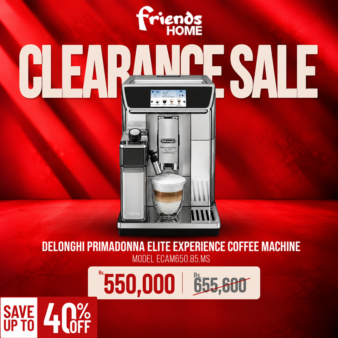 Clearance sale banner for De'Longhi Primadonna Elite Experience coffee machine ECAM650.85.MS — save up to 40% off