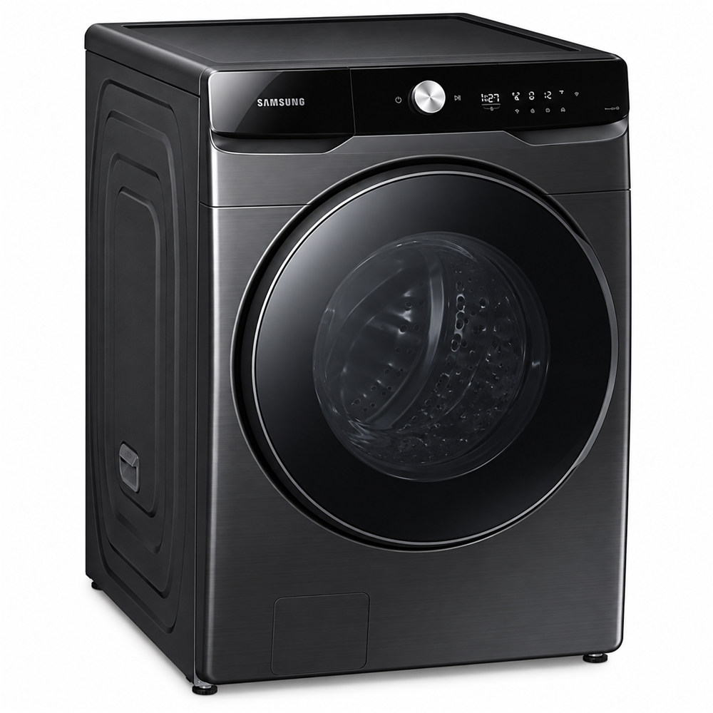 Samsung WD16T6500GV black washer dryer left view, white background, tightly cropped