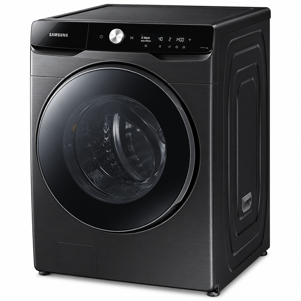 Samsung WD16T6500GV black washer dryer right view, white background, tightly cropped