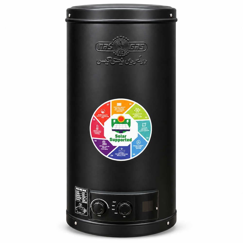 NASGAS DE-30LTR Solar Delux 30 liter geyser without external wire on white background