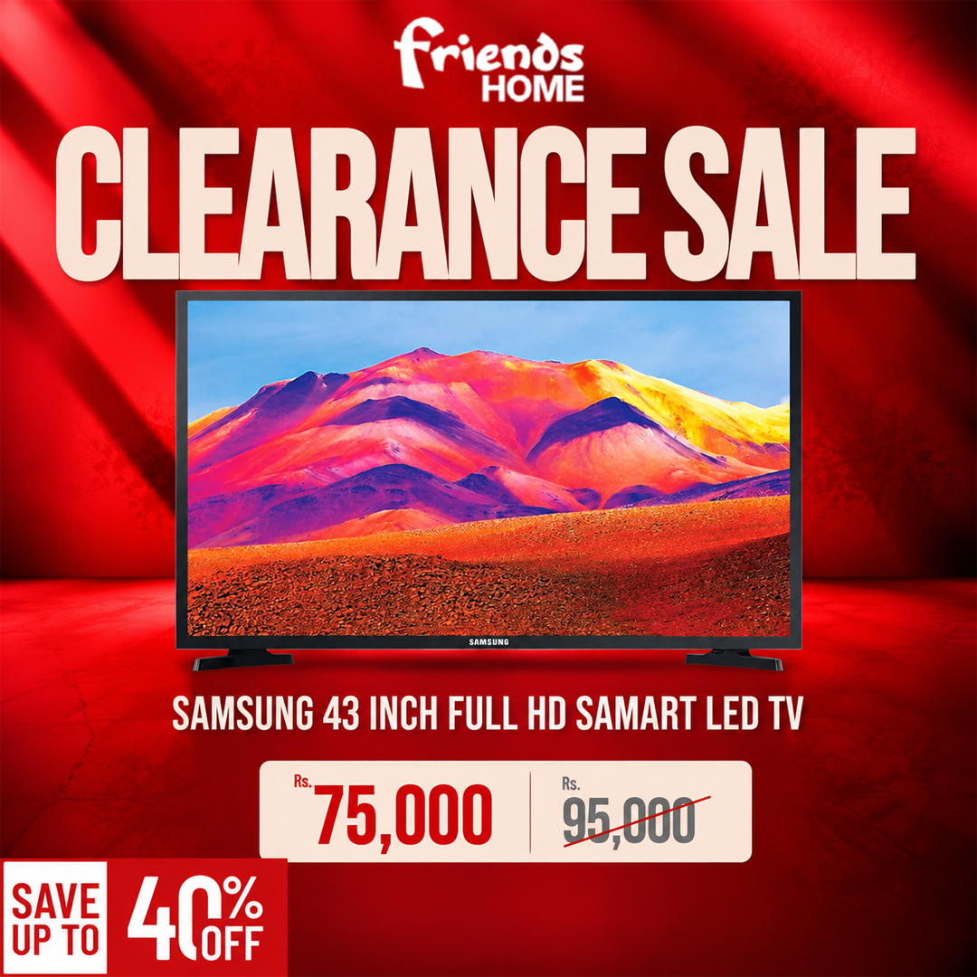 Clearance sale banner for Samsung 43-inch Full HD Smart LED TV model 43T5300 — save up to 40% off