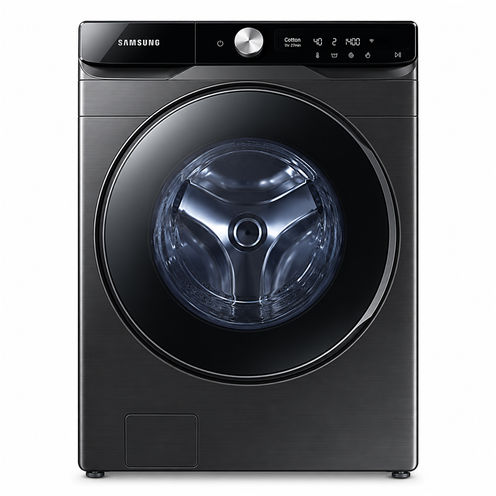 Samsung WD16T6500GV black washer dryer front view, white background, tightly cropped
